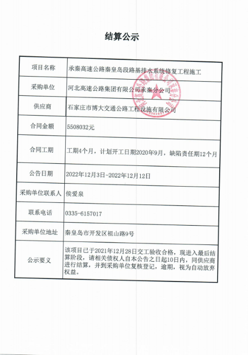 結(jié)算公示